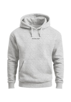 Hellgrauer Kapuzenpullover mit Fronttasche und dem schwarzen Text "NEVERLESS" auf der Brust.