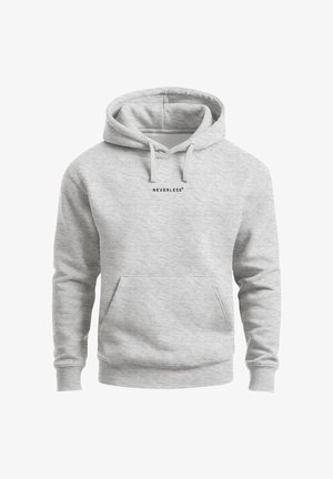Hellgrauer Kapuzenpullover mit Fronttasche und dem schwarzen Text "NEVERLESS" auf der Brust.