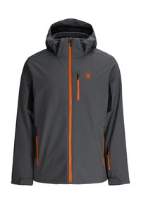 Wasserabweisende graue Jacke mit verstellbarem Kapuzen, orangen Reißverschlüssen und Spinnen-Logo. Verfügt über seitliche Taschen und elastische Bündchen für eine sichere Passform.