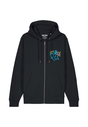 Felpa con zip nera in cotone, con una tasca a marsupio sul davanti e una grafica colorata di un pesce con accenti solari sul petto.