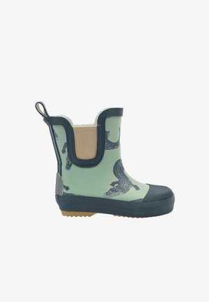 Grøn gummistøvle til anklen med alligatorpræg, tekstureret mørkeblå tåhætte, elastisk sidepanel og tekstureret sål for bedre greb.
