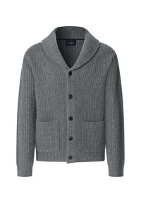 Cárdigan gris con canalé y cuello de chal, que cuenta con seis botones, dos bolsillos frontales y un diseño de punto texturizado.