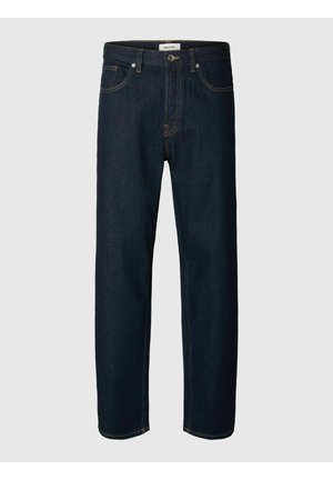 Mörk denimjeans med rak bendesign, kontrasterande gul söm, femficksstil och knäppning i midjan.