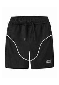 Shorts de sport noirs avec taille élastique, cordon de serrage, passepoil blanc incurvé et petit logo "Urban Uniform" sur la jambe gauche.