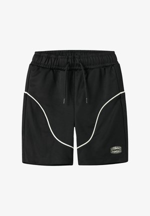 Shorts de sport noirs avec taille élastique, cordon de serrage, passepoil blanc incurvé et petit logo "Urban Uniform" sur la jambe gauche.