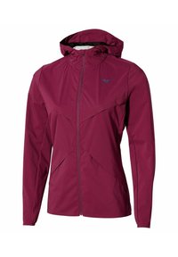Giacca leggera con cappuccio da donna in color marsala, con zip frontale e logo discreto sul petto, progettata per attività all'aperto.