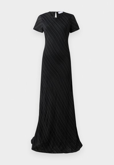 Black floor-length dress with short sleeves, subtle diagonal pinstripes, and a small keyhole opening at the back neckline.