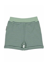 Gröna och marinblå randiga shorts med elastisk midja, tillverkade av mjukt tyg, med en etikett på sidan för varumärkesidentifiering.