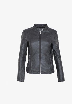 Veste en cuir noir avec fermeture éclair sur le devant, col montant, deux poches latérales zippées et une finition lisse. Présente des détails cousus.