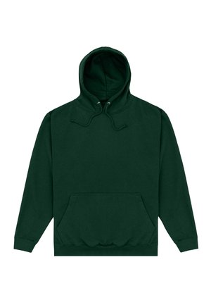 Sweat à capuche vert foncé avec poche kangourou à l’avant et capuche à cordon, étalé à plat sur un fond blanc.