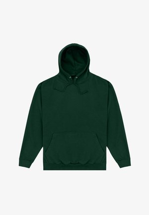 Felpa con cappuccio verde scuro con tasca a marsupio frontale e cappuccio con coulisse, stesa su uno sfondo bianco.