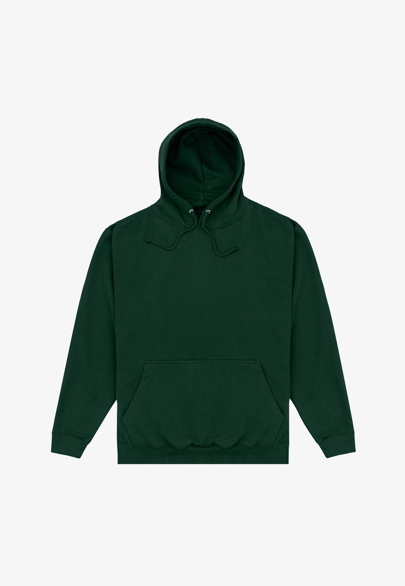 Sweat à capuche vert foncé avec poche kangourou à l’avant et capuche à cordon, étalé à plat sur un fond blanc.