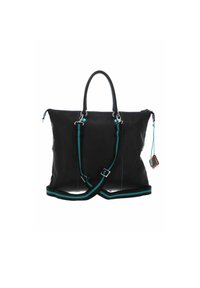 Borsa tote in pelle nera con doppie maniglie superiori, tracolla regolabile, dettagli turchesi e finiture in argento. Finitura texture con chiusura a zip.