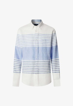 Chemise à manches longues à boutons avec des rayures horizontales blanches et bleu clair et une petite poche poitrine sur le côté gauche.