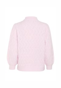 Maglione lavorato a maglia rosa chiaro con un motivo testurizzato, polsini a costine e colletto rotondo. Il design ha una vestibilità morbida con maniche a palloncino.