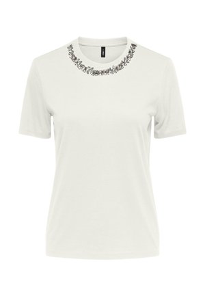 T-shirt bianca a maniche corte con scollo rotondo decorato con inserti di gemme argentate e trasparenti.