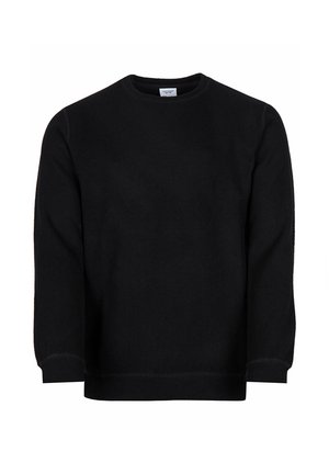Black crewneck sweatshirt made of soft fabric, featuring long sleeves and ribbed cuffs for a comfortable fit. Simple design, no visible patterns.
