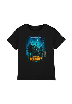 Schwarzes T-Shirt mit einer Grafik von zwei Personen, die neben dem abgefallenen Kopf der Freiheitsstatue stehen, mit dem Text „Walking Dead Dead City“ und „Halte deine Feinde nah.“