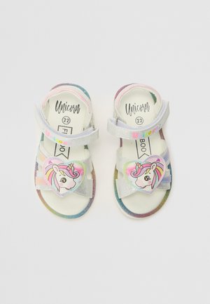 Sandali per bambini glitterati con design di unicorno, cinturini regolabili e suola arcobaleno multicolore. Taglia 22.