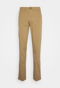 Tan chinos made from cotton blend fabric, featuring a standard fit, belt loops, a zip fly, and front pockets with a smooth texture.
