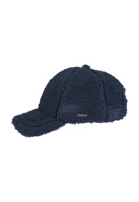 Cappello blu navy realizzato in materiale in felpa testurizzata, con una forma strutturata, cuciture rinforzate e un piccolo logo metallico sul lato.