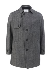 Manteau en laine gris à chevrons avec cinq boutons, un col, des pattes de poignet boutonnées et des poches latérales frontales.