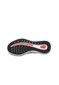 Shoe outsole featuring a black textured rubber surface with a red accent stripe, and a white segment near the heel, designed for traction.