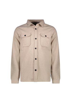 Beige knoopshirt gemaakt van zachte stof, met twee borstzakken, zwarte knopen en een klassiek kraagontwerp.