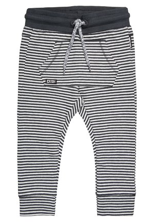 Schwarz-weiße gestreifte Kinderhose mit elastischem Bund, Fronttasche und Kordelzug.