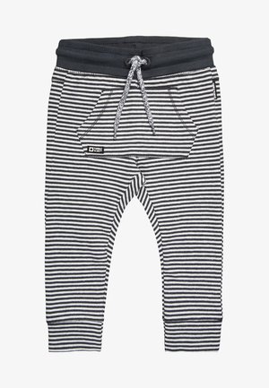 Schwarz-weiße gestreifte Kinderhose mit elastischem Bund, Fronttasche und Kordelzug.