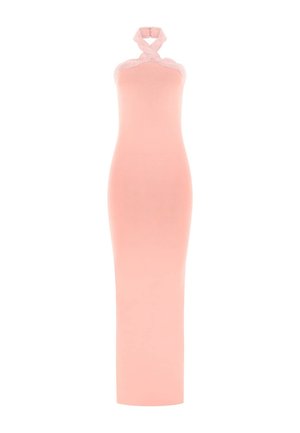 Mouwloze, vloerlange lichtroze jurk met kanten afgezette halternek die voor kruist en aan de achterkant sluit.