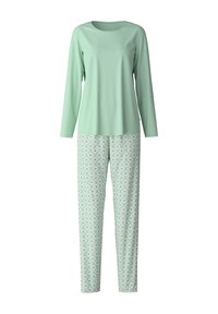Lichtgroene lange mouw top met ronde hals, gecombineerd met een pyjamabroek met een patroon in een bloemenontwerp in lichtere tinten groen.