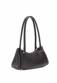 Borsa a mano nera strutturata in materiale sintetico testurizzato, con due manici e accessori in metallo dorato, dotata di chiusura con zip.