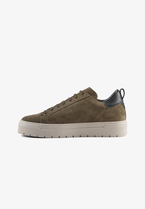 Olive green suede sneaker with a round toe, matching laces, textured black leather accent at the back, and a chunky white rubber sole.