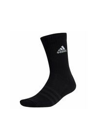 Chaussette de sport en coton noir avec une texture côtelée, arborant le logo blanc d'Adidas et trois rayures horizontales près de la cheville.