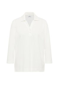 Witte langarm polo met kraag, voorzien van een drie-knopen sluiting, zachte textuur en een ontspannen pasvorm. Het label zegt "CECIL."