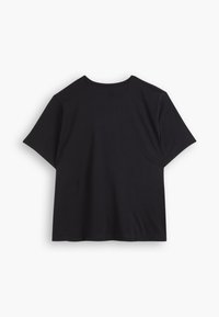 T-shirt noir à manches courtes, col rond, en tissu doux, avec une texture lisse et un design épuré.