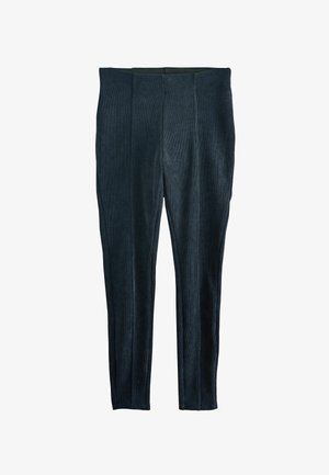 Pantaloni de yoga cu o nuanță închisă de albastru, cu un talie înaltă, croiala slim și linii verticale subtile care se întind pe țesătură. Textură netedă.