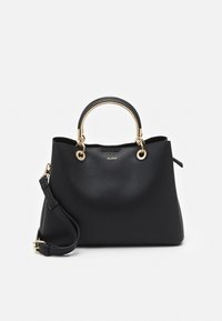 Borsa a tracolla in pelle nera con texture, con parte superiore arrotondata, dettagli in metallo dorato, doppi manici e tracolla removibile.