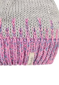 Knitted wool beanie with gray top and pink-blue patterned ribbed band, featuring a small fabric label on the lower edge.