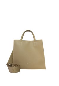 Sac à main en cuir beige avec deux poignées supérieures, de forme carrée et logo en relief discret. Comprend une bandoulière assortie amovible. Texture lisse.