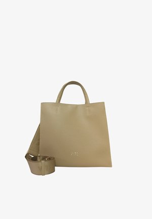 Sac à main en cuir beige avec deux poignées supérieures, de forme carrée et logo en relief discret. Comprend une bandoulière assortie amovible. Texture lisse.