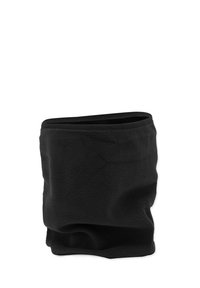 Black fleece neck warmer in a tubular shape, made of soft material with a smooth texture and no visible hardware or accents.