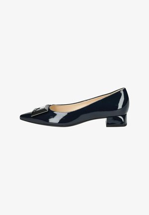 Navy patent leather pump with a pointed toe and a small block heel. Features a decorative black hardware detail on the front.