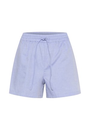 Šviesiai mėlynos šortai iš kvėpuojančios medžiagos, turintys elastinę juostą su raišteliu ir laisvą prigludimą.