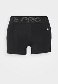 Pantalones cortos deportivos negros de diseño ajustado, con una cintura ancha que lleva la inscripción "NIKE PRO" en letras perforadas y un pequeño logo de Nike en el lateral.