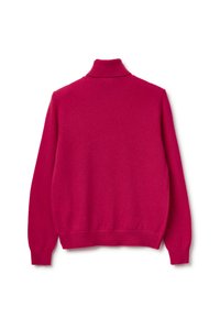 Dopasowany różowy sweter z wysokim kołnierzem, wykonany z miękkiego materiału, z długimi rękawami i prążkowanym kołnierzem. Brak widocznych wzorów lub akcentów.