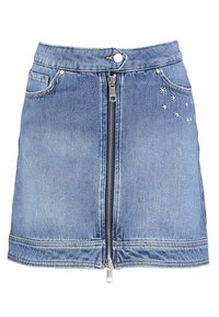 Vaikka sininen denimhame, jossa on edessä vetoketjusuljin, kaksi sivutaskua ja oikealla puolella brodeerattuja tähtikuvioita.