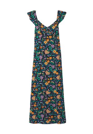 Robe maxi noire sans manches avec motifs floraux orange, violet et vert et bretelles à volants.