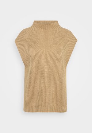 Beige gestrickter ärmelloser Pullover mit hohem Kragen, ausgestattet mit einer gerippten Textur und einem leichten V-Muster an den Schultern.
